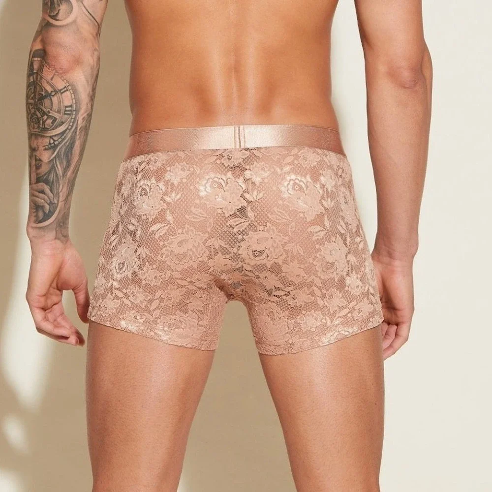Cosabella Mens Never Say Never Lace Boxer Briefs Tan Floral Metallic Waistband